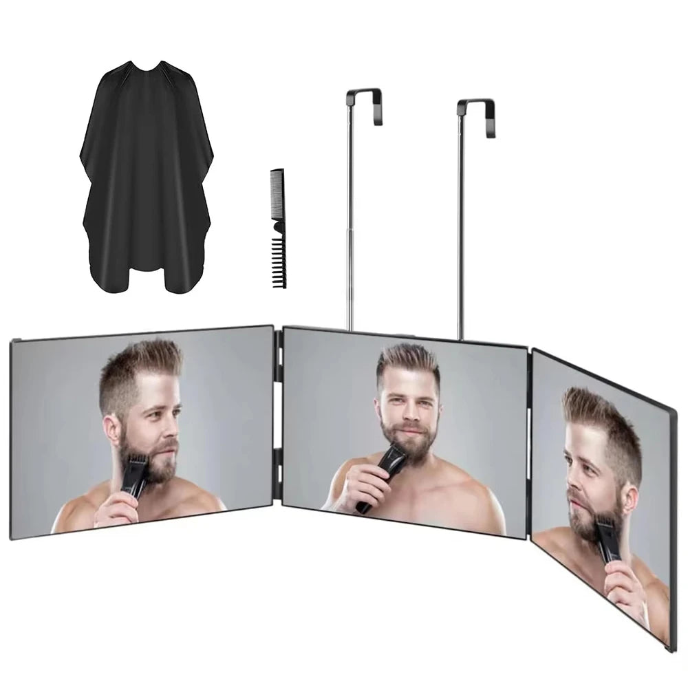 Travel Portable 360° Trifold Vanity Makeup Mirror with Height Adjustable Telescoping Hook for Hair Self Cutting, Shaving, Gif