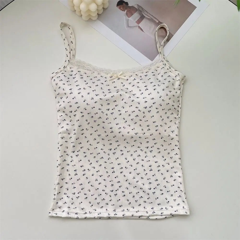 Elegant Lace Flower Print Camis 2024 Y2K Slim Sexy Vest Floral Tops One Size Floral Tank Tops Spring - milk white