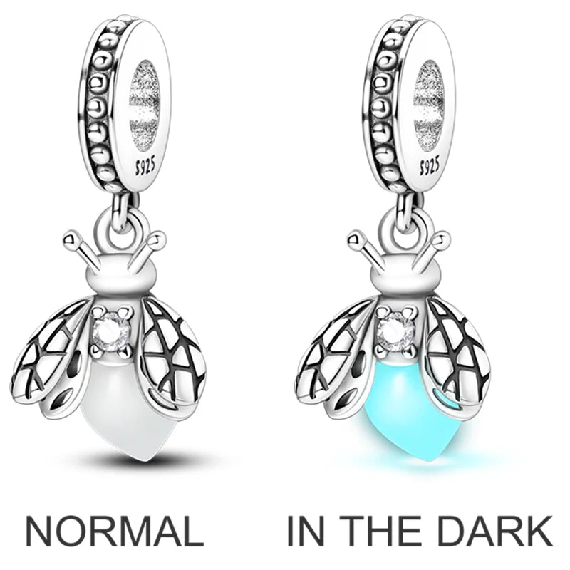 2026 Charms Bead 925 Sterling Silver Pink Butterfly Luminous Firefly Dangle Fit Bangle Bracelet Necklace DIY Jewelry