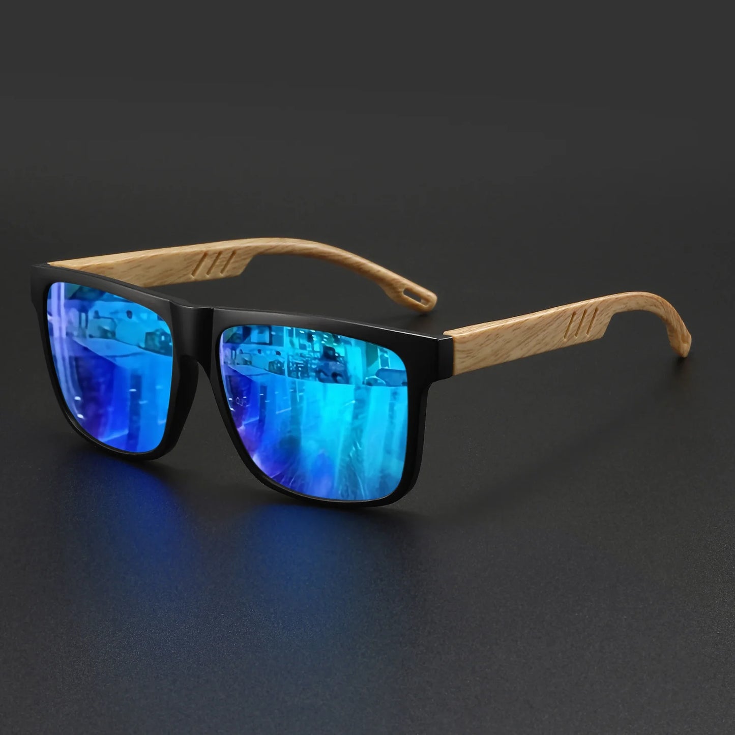 New Fashion Square Sunglasses - Wood Grain Spring Hinge, UV400 Unisex for Driving, Hiking & Travel - C3-blue mirror