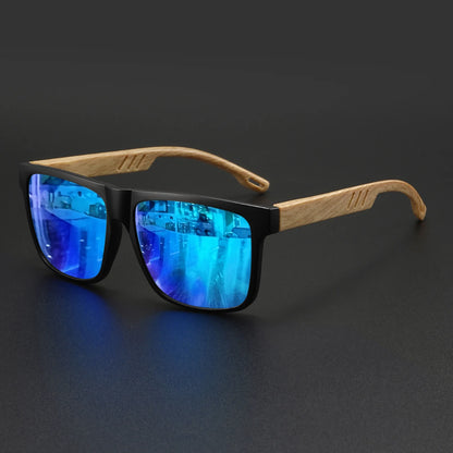New Fashion Square Sunglasses - Wood Grain Spring Hinge, UV400 Unisex for Driving, Hiking & Travel - C3-blue mirror