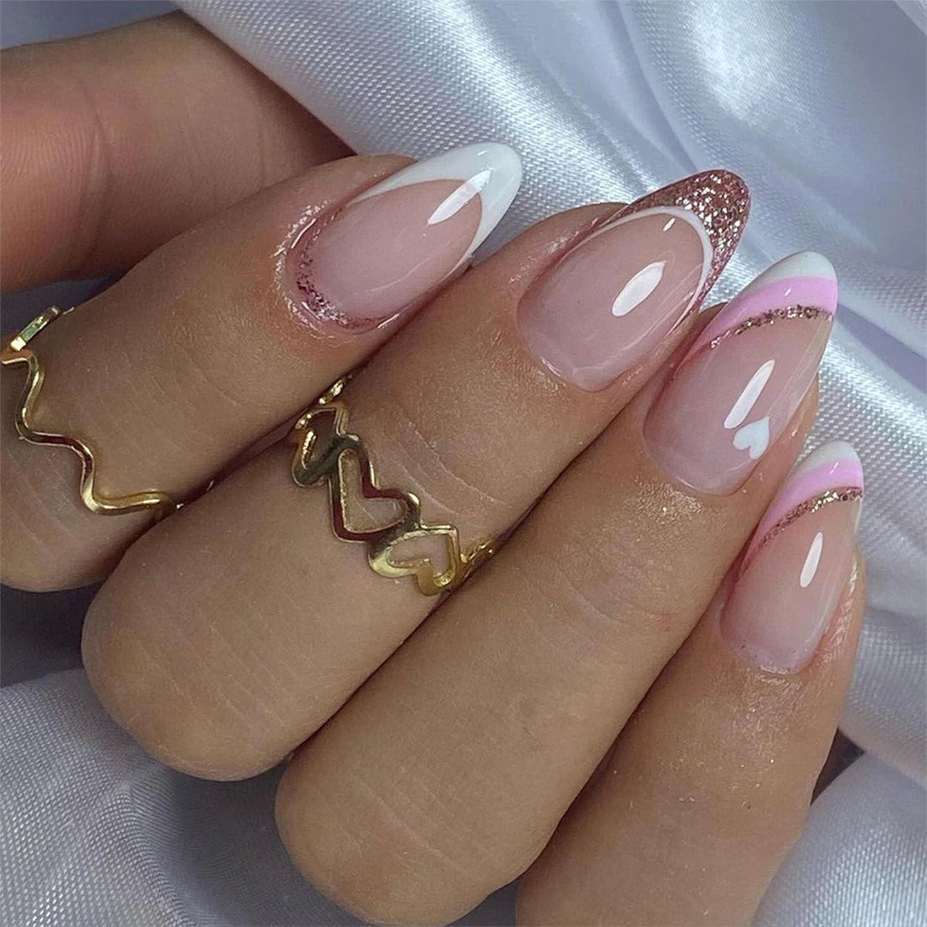 24PCS/ Almond Fake Nails Instantly Upgrade Your Look, Pink and White Set Off by Gold Lines, Simple and Generous, Suitable for