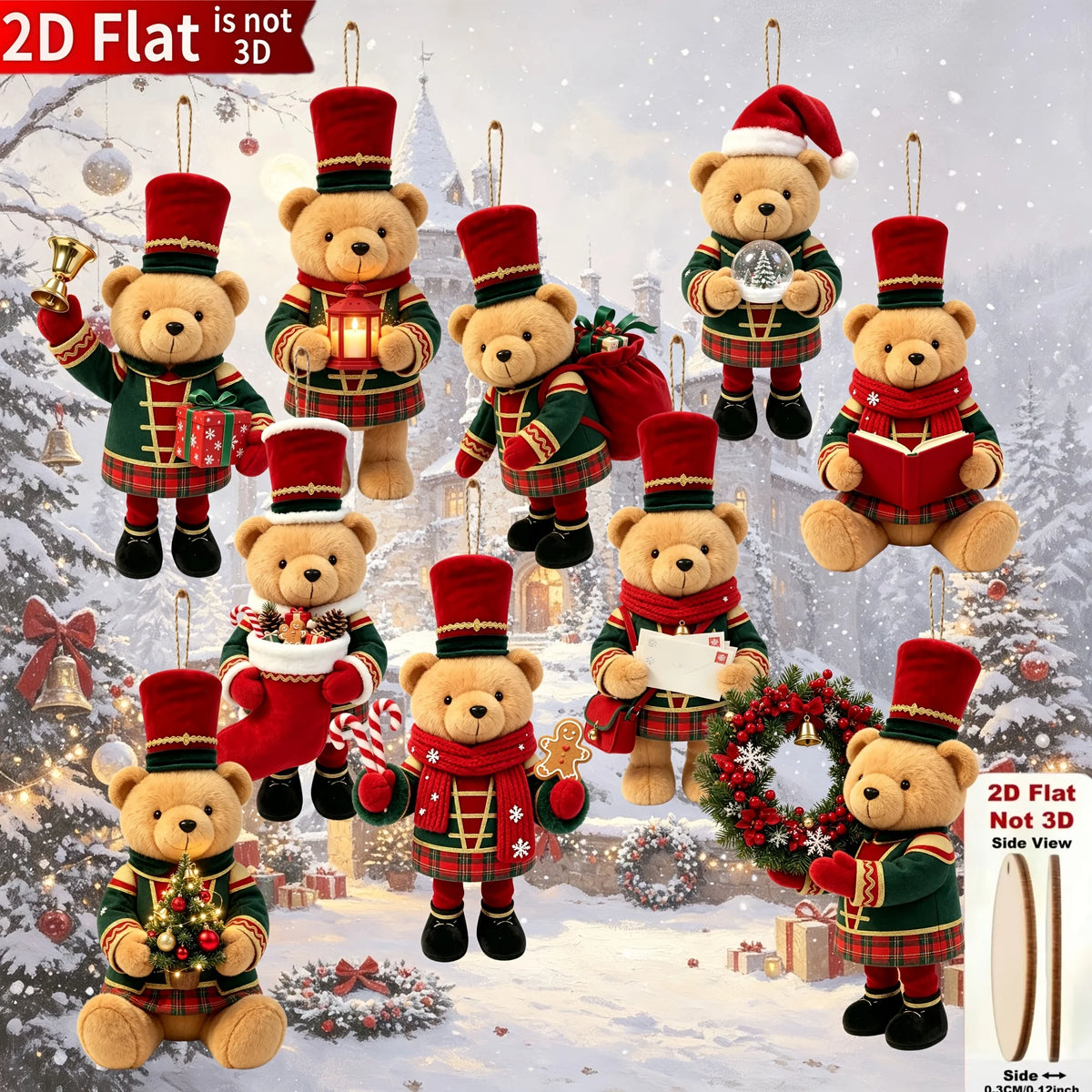 20/10 Pieces of Randomly Assorted 2D Flat Bear-Shaped Handmade Wooden Christmas Ornaments with Various Christmas Motifs, Suit