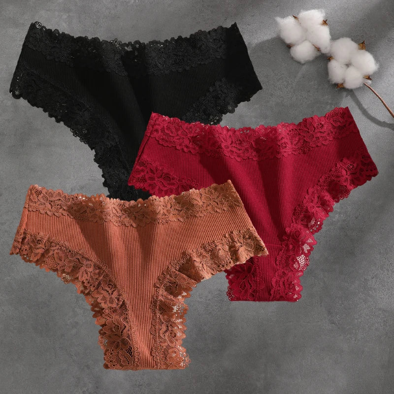 3Pcs Cotton Lace Patchwork Bikini Panties Women Seamless Floral Print Brazilian Pants Low Waist Breathable Female Sexy Linger