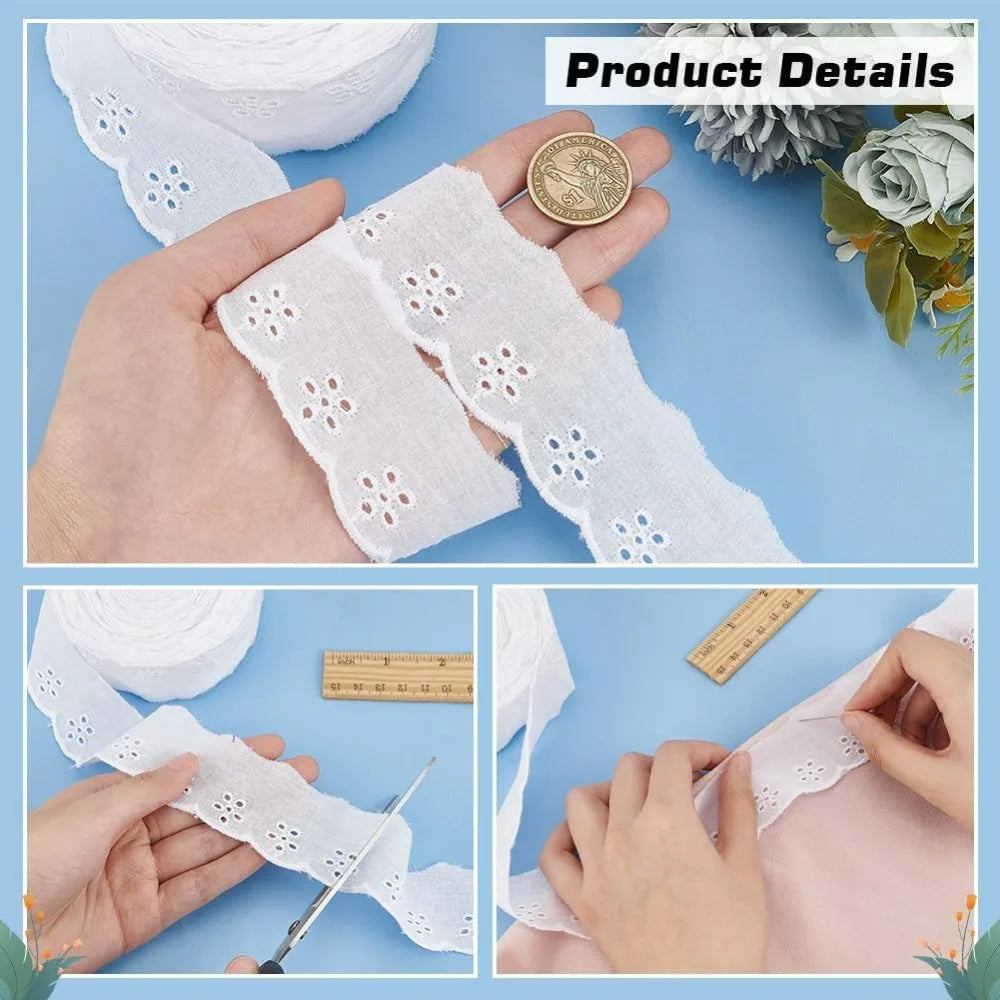 15 Yards Cotton Lace Trim 1-5/8 inch White Cotton Eyelet Lace Ribbon Floral Embroidery Ruffle Lace Trim Wavy Edge Floral Cott