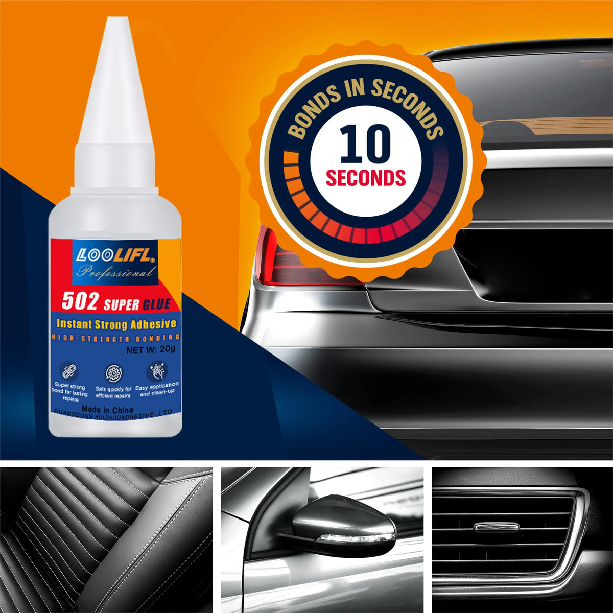 502 High-Strength Cyanoacrylate Glue Fast-Drying Adhesive for Automotive Bumpers, Metal & Plastic, Ideal for Repairs & DIYFix