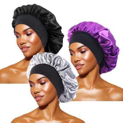 Women's Satin Solid Bonnets Wide-brimmed Night Sleeping Bathing Hat Unisex Head Wrap Elastic Band Cap Hair Care Bonnet - BK S