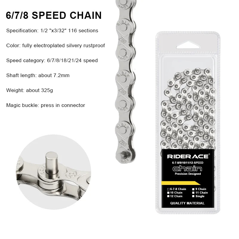 RIDERACE Bicycle Chain 116L 8 9 10 11 12 Speed Silver Ultralight Mountain Road Bike Chain For 24/27/30 Variable Speed Chain -