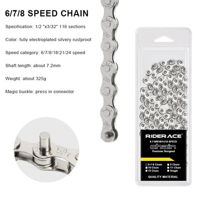 RIDERACE Bicycle Chain 116L 8 9 10 11 12 Speed Silver Ultralight Mountain Road Bike Chain For 24/27/30 Variable Speed Chain -