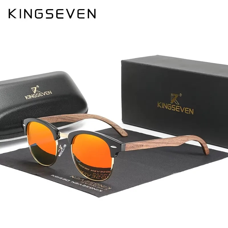 KINGSEVEN Brand Walnut Sunglasses Men Women Polarized UV400 Lens Wood Round Frame Glasses Vintage Retro Luxury Eyewear Patchw