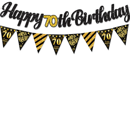 Black Gold Happy 21 30 40 50 60 70th 80th 90th Birthday Banner Garland Hanging for DIY Adult Party Decoration - 70