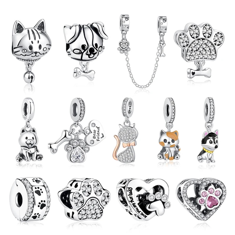 Original 925 Sterling Silver Charms Love Pets Dog Cat Paw Print Pendant Beads Fit Brand Bracelets Necklaces Women DIY Jewelry