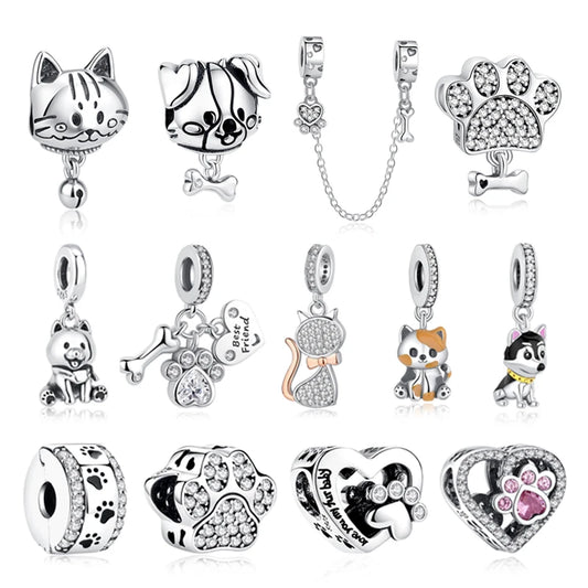 Original 925 Sterling Silver Charms Love Pets Dog Cat Paw Print Pendant Beads Fit Brand Bracelets Necklaces Women DIY Jewelry