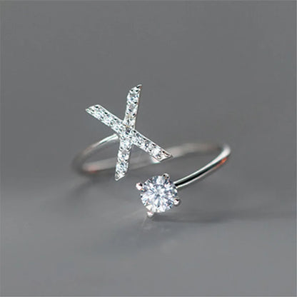 Zircon Initial A-Z Letter Ring For Women Metal Adjustable Opening Ring Name Alphabet Female Wedding Gift Anillos Mujer - X