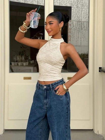 Women's Sexy White Lace High Neck Halter Back Button Backless Slim Fit Crop Top Casual Daily Vacation Summer 2026