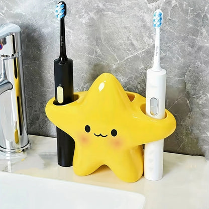 Cute Star-Shaped Toothbrush Holder Freestanding Bathroom Organizer with Cute Face Design, Space-Saving Toothbrush & Toothpast