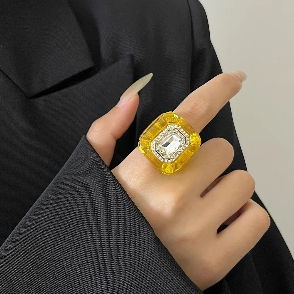 New Colorful Rhinestones Ring Geometric Three-dimensional Finger Ring Elegant Jewelry Square Ring Women
