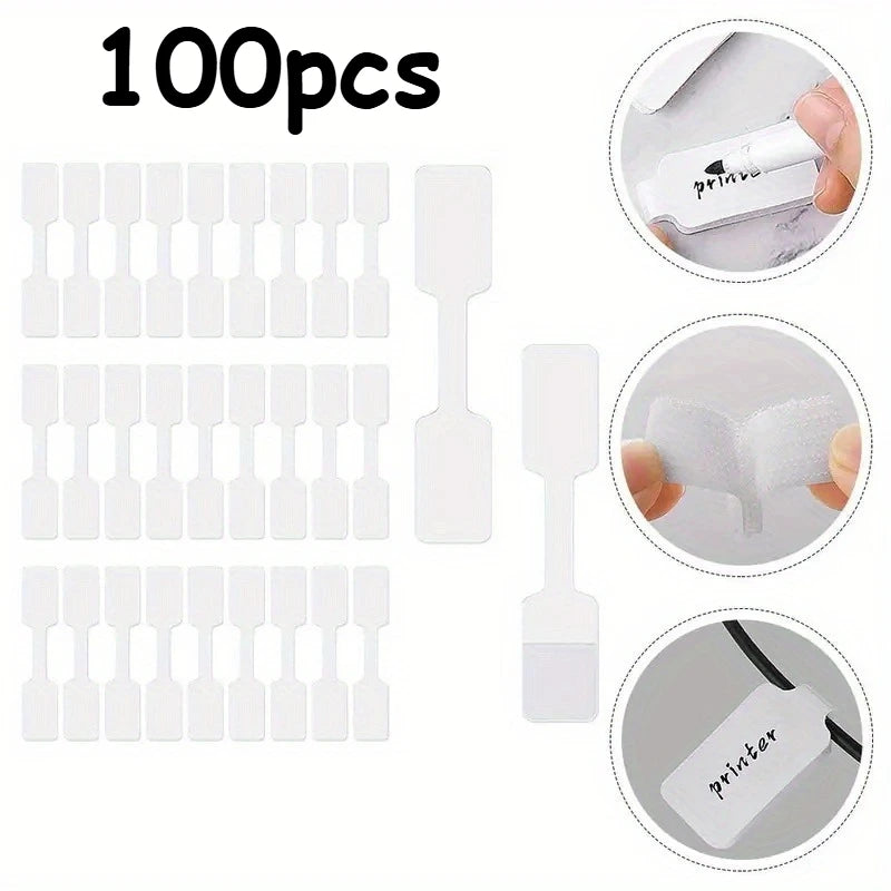 100pcs White Cable Labels - Self-Adhesive Writable Cord Tags for Office/School Organization, Easy Cable Management - 100pcs