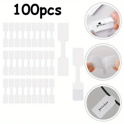 100pcs White Cable Labels - Self-Adhesive Writable Cord Tags for Office/School Organization, Easy Cable Management