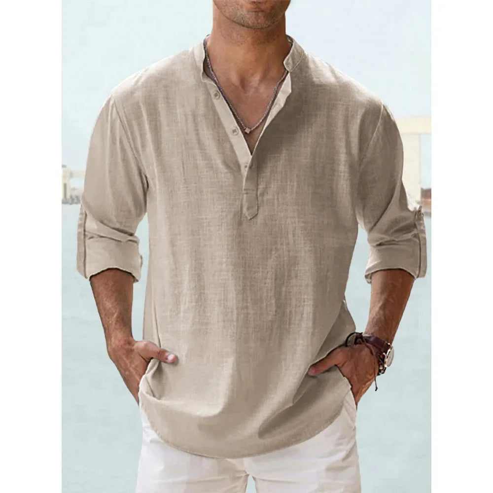 Cotton Linen Men's Long Sleeve Shirts Summer Solid Color Henley Collar Casual Beach Style Hawaiian Vacation