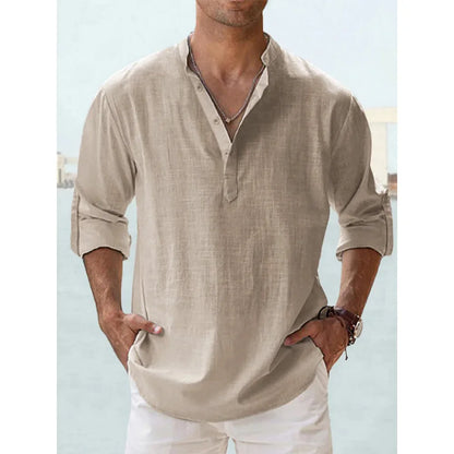 Cotton Linen Men's Long Sleeve Shirts Summer Solid Color Henley Collar Casual Beach Style Hawaiian Vacation