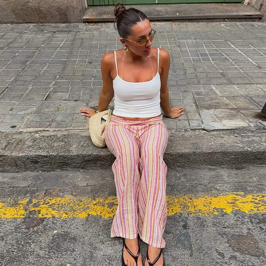 Striped Women's Trousers Low Waist Tie Casual Pants Vertical Stripe Floor Length Pants Daily Fashion Wear 2026 Collection