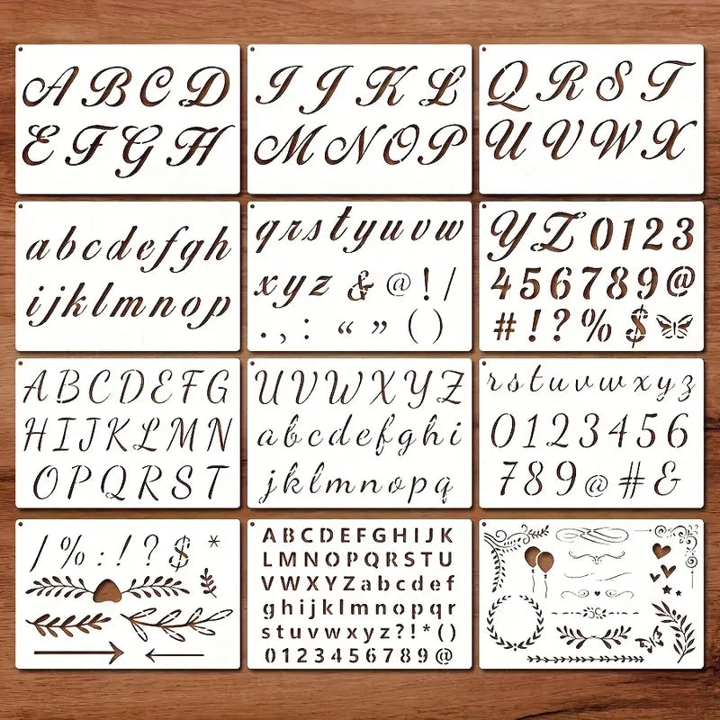 12PCS 8.3x5.5inch Cursive Alphabet Stencils with Numbers & Symbols Reusable Letter Templates for DIY Signs Blackboard Fabric 