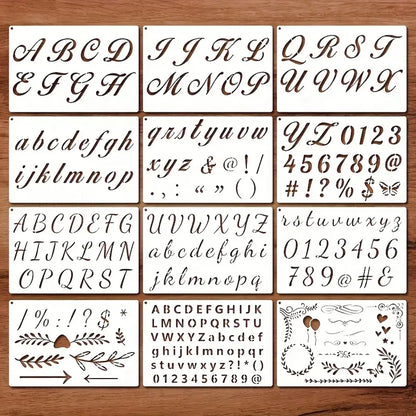 12PCS 8.3x5.5inch Cursive Alphabet Stencils with Numbers & Symbols Reusable Letter Templates for DIY Signs Blackboard Fabric 
