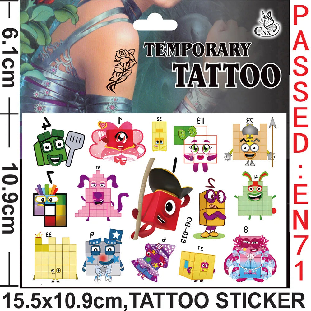 Building Block Numbers Tattoo Stickers Waterproof Cute Birthday Party Supplies Reward Toy for Kids Decoration Christmas Gift