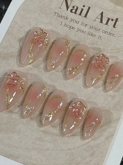 10pcs Handmade Almond Shaped Nail Art Pieces, Inlaid With Golden Flower Strips Detachable and Reusable