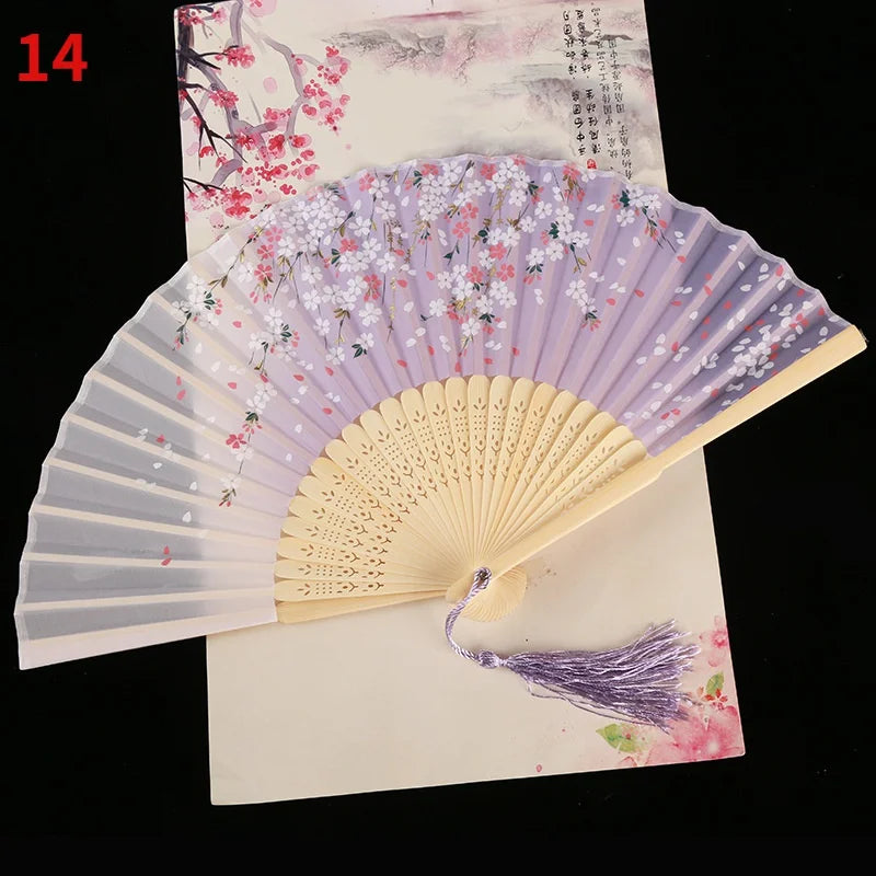 1Pc Vintage Silk Folding Fan Retro Chinese Japanese Bamboo Folding Fan Tassel Dance Hand Fan Home Decoration Ornament Craft G