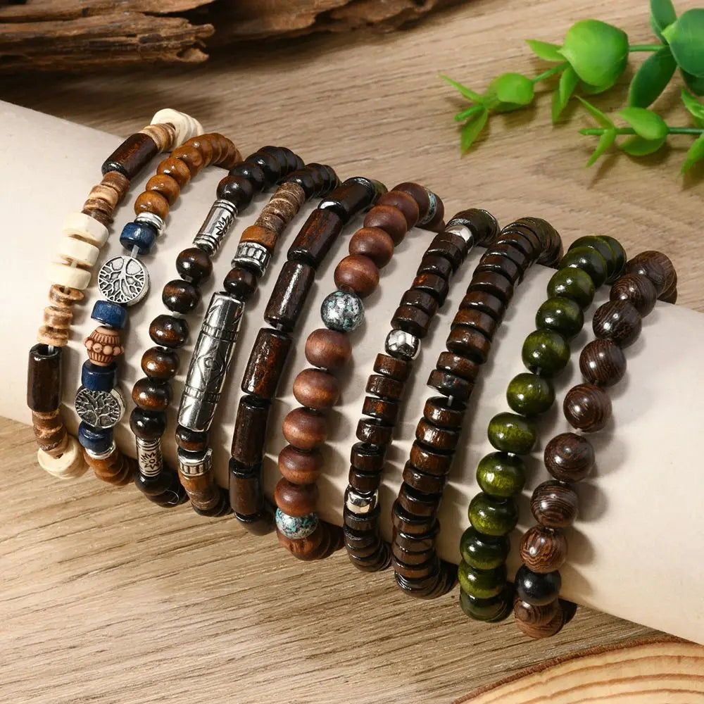 10pcs Bohemia Ethnic Beaded Bracelets For Men Vintage Multi Layer Wooden Beads Life Tree Beaded Bracelets Accessory Gifts Par
