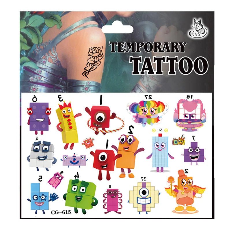 Building Block Numbers Tattoo Stickers Waterproof Cute Birthday Party Supplies Reward Toy for Kids Decoration Christmas Gift