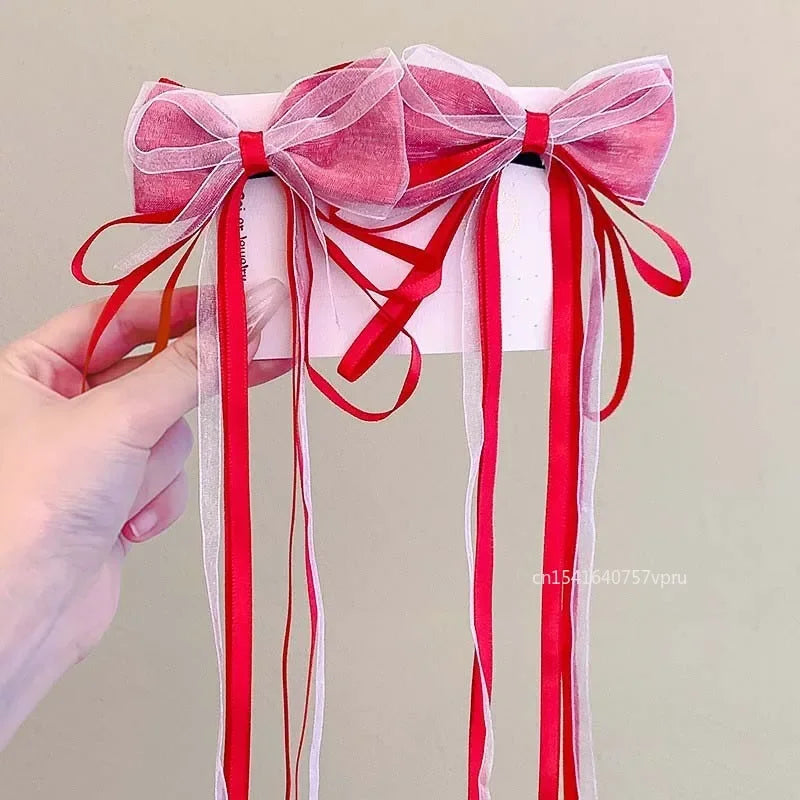 1 Pair Fashion Fairy Ribbon Bow Hairpins For Kids Long Ribbon Hair Clip Barrettes Headband Headdress Girls Hair Accessories -