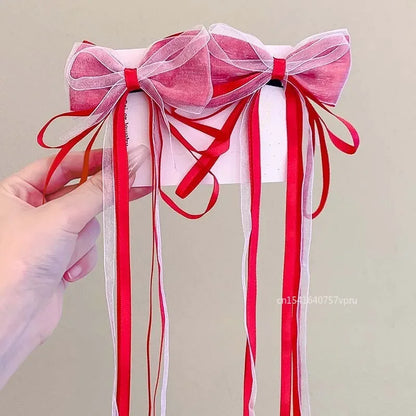 1 Pair Fashion Fairy Ribbon Bow Hairpins For Kids Long Ribbon Hair Clip Barrettes Headband Headdress Girls Hair Accessories -