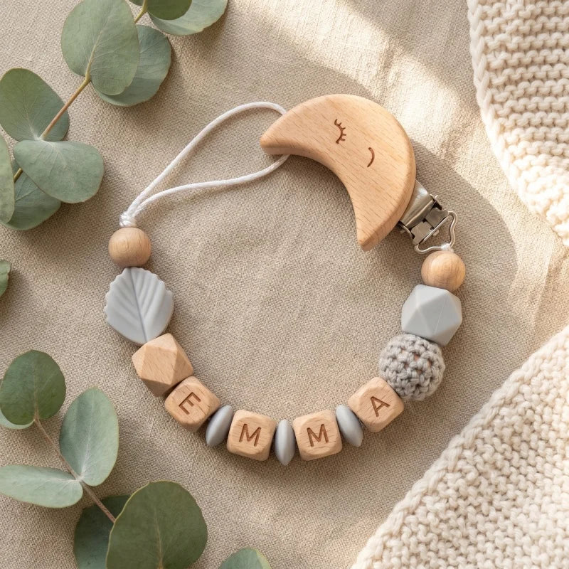 Personalized Pacifier Clip Custom Name Silicone Wooden Beads Baby Teether Chain Soother Holder BPA Free Newborn Baby Shower G