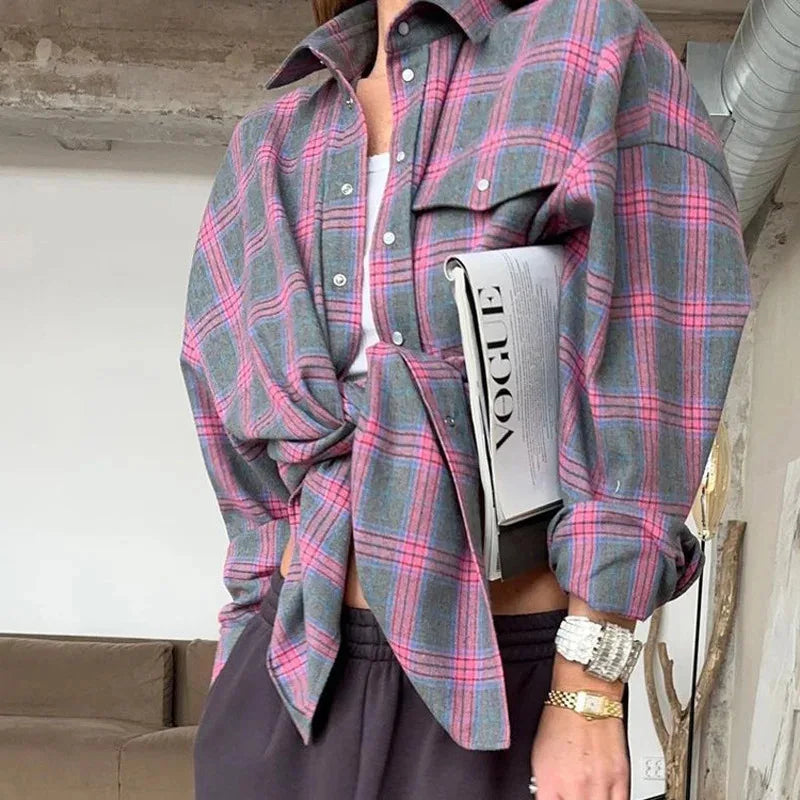 New Vintage Women Oversized Long Sleeve Plaid Shirt Blouse Tops Autumn Winter Button Down Loose Lapel Pocket Shirt Korean Sty