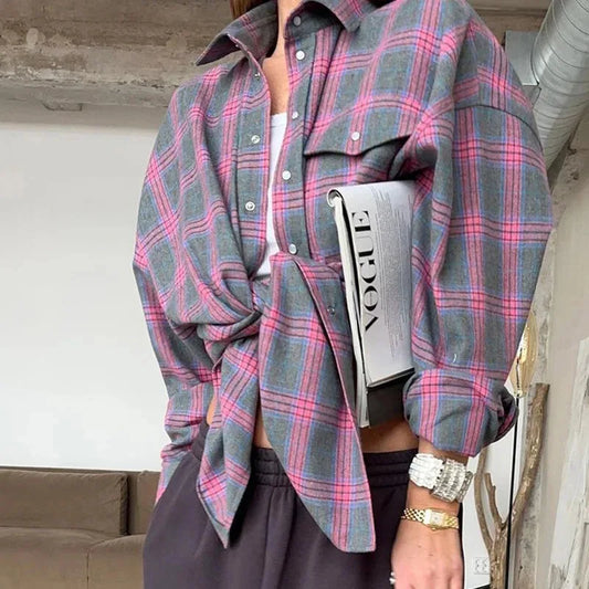 New Vintage Women Oversized Long Sleeve Plaid Shirt Blouse Tops Autumn Winter Button Down Loose Lapel Pocket Shirt Korean Sty