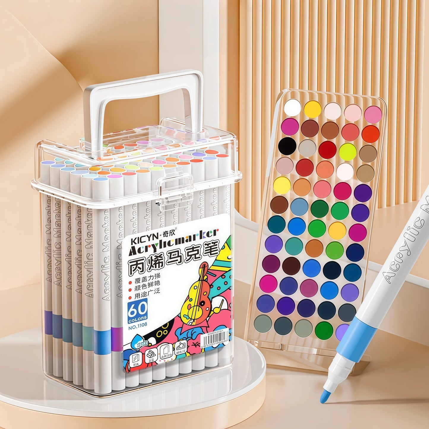 Water-Washable, Non-Bleeding, Layerable Acrylic Markers for Primary School Students - Waterproof, Bucket-Packed Colored Pens