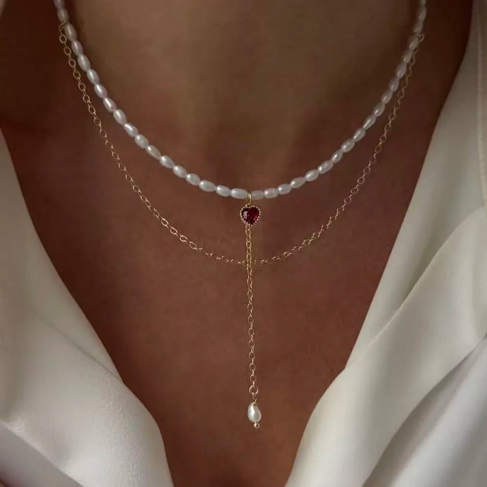 Fashion Tassel Chain Pendant Necklace For Women Boho Transparent Crystal & Imitation Pearl Chain Jewelry Valentine's Gift N05