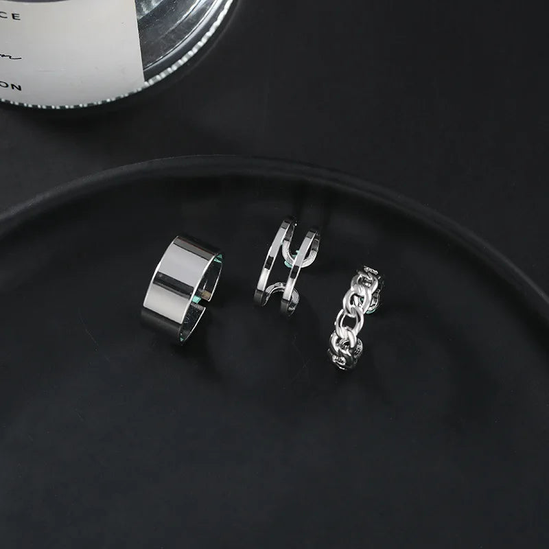 Punk Simple Rings Set Silver Color Geometric Hollw Wide Ring Set Women's Vintage Joint Hiphop Finger Rings Jewelry
