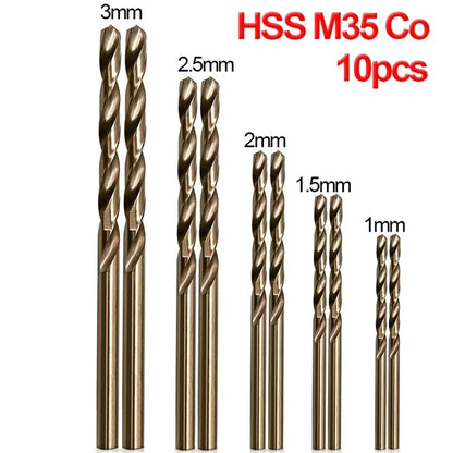 10pcs/set HSS M35 Cobalt Drill Bits 1-3mm for Metal/Stainless Steel - High-Speed Steel Cobalt Coated Drill Bits with Enhanced