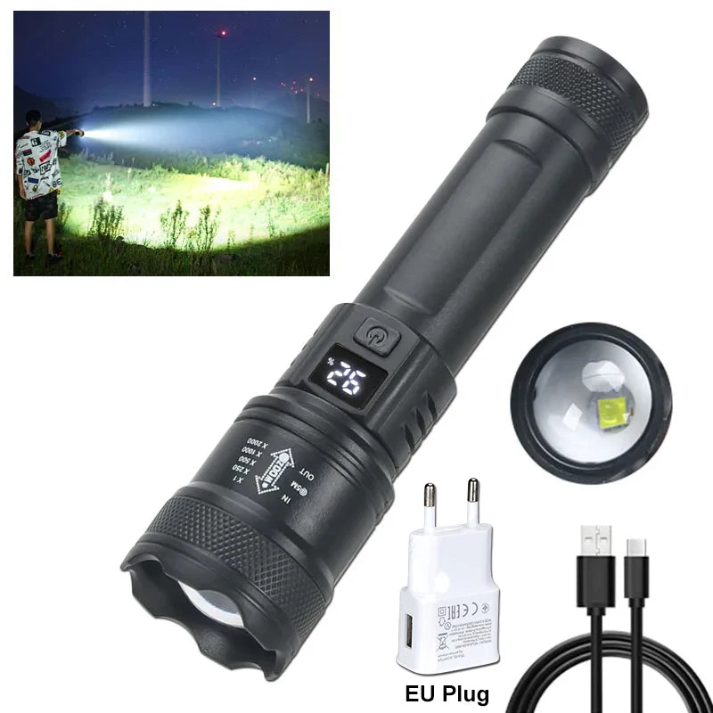 High Strong Power Led Flashlights 2000LM Tactical Torch with Display Light USB Charging Camping Fishing Emergency Zoom Lanter