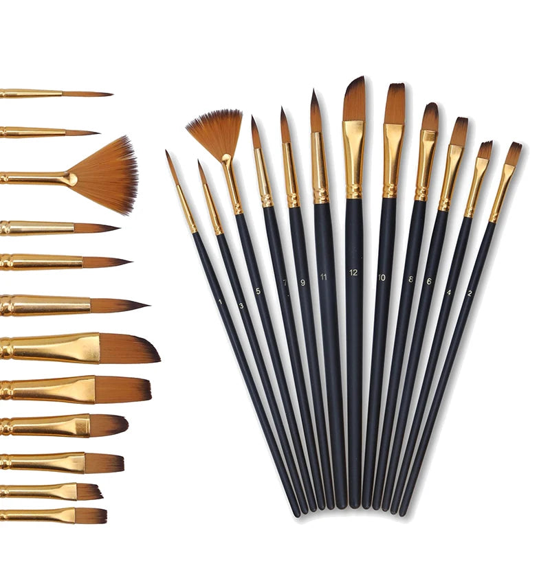 Multi-functional Watercolor Gouache 12 Pcs Short Wood Rod Oil Painting Brush Set Art Tool Beginner Nylon Hair Acrylic Materia