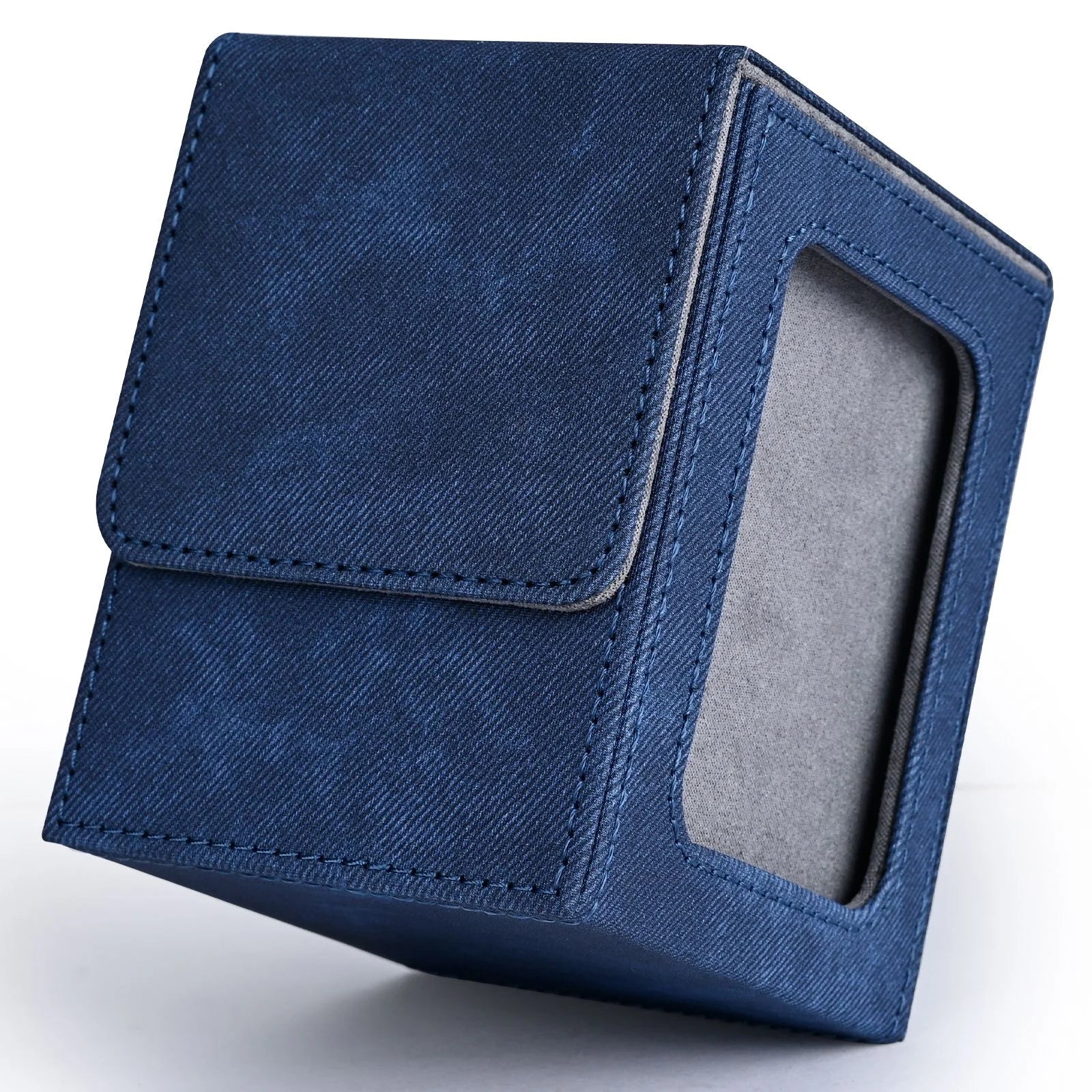 Card Deck Box with Display Window, Trading Card Storage Case, Holds 120+ Single Sleeved Cards, PU Leather Denim Card Box for 