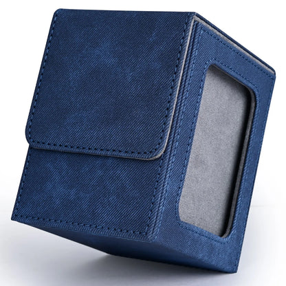 Card Deck Box with Display Window, Trading Card Storage Case, Holds 120+ Single Sleeved Cards, PU Leather Denim Card Box for 
