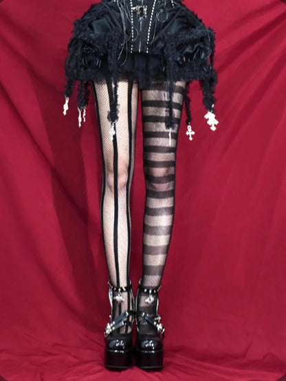 Vintage Gothic Dark Punk Style Sexy Pantyhose Goth Lolita Uniform Striped AB Asymmetric Hollow out Fishnet Tights Women Summe