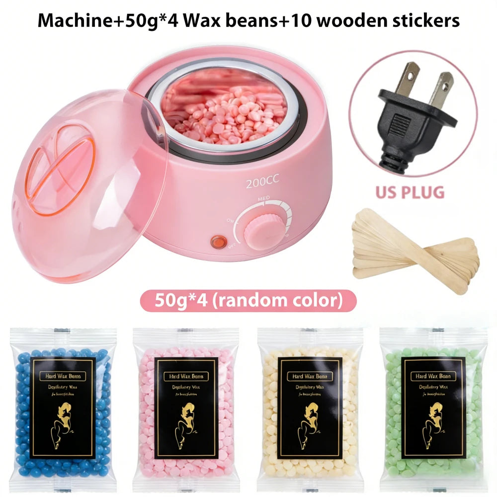 200CC Wax Heater Warmer Hair Removal Machine For Hand Foot Body SPA Epilator Paraffin Wax Pot +Wax Beans + Wood Sticks - Pink