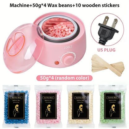 200CC Wax Heater Warmer Hair Removal Machine For Hand Foot Body SPA Epilator Paraffin Wax Pot +Wax Beans + Wood Sticks - Pink