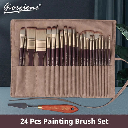 Acrylic Paint Brushes Oil Paint Brushes Artist Paint Brushes Set Bag Pack with Scraper 24 Pcs Gouache Wooden Handle Brushes